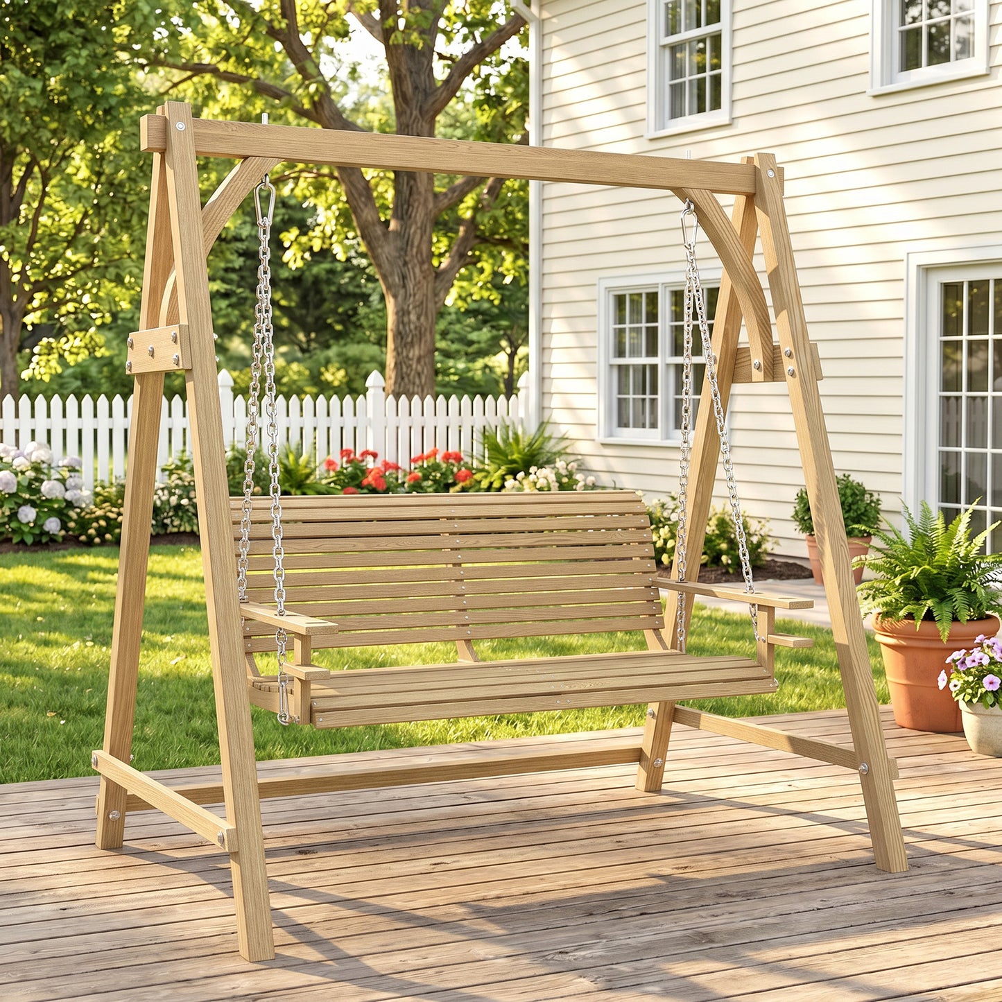 2 Seater Garden Swing Seat, Wooden Swing Chair Bench with Cup Holders for Outdoor Porch Patio, Natural