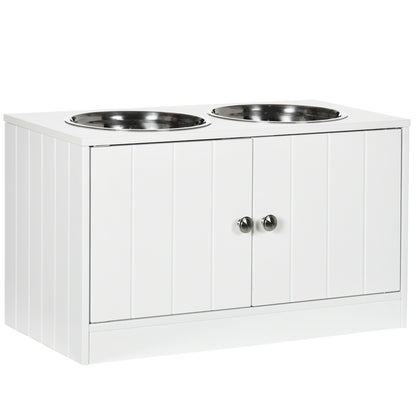 Raised Pet Feeder, with Two Bowls, Storage - White