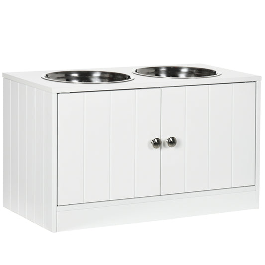 Raised Pet Feeder, with Two Bowls, Storage - White
