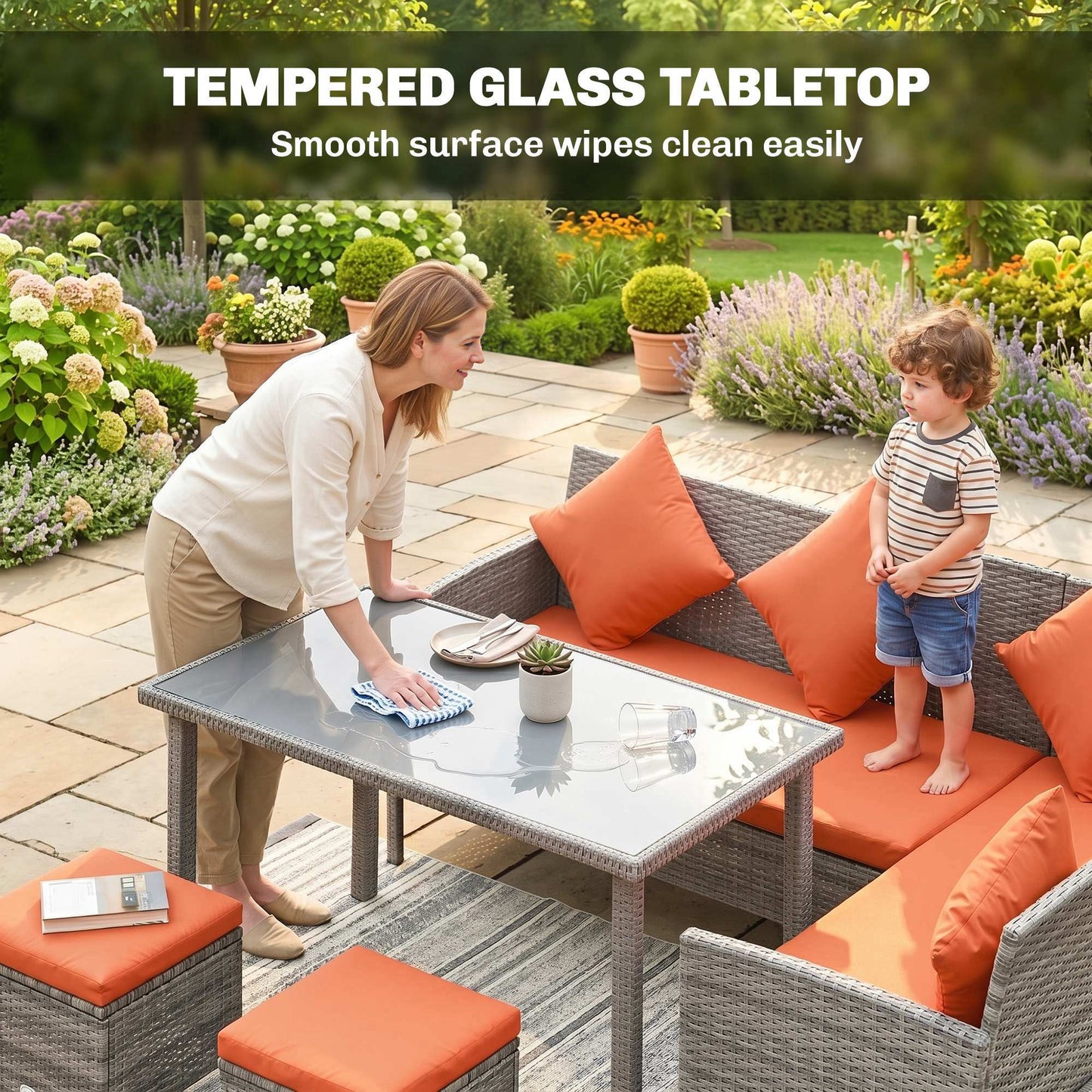6-Seater Rattan Dining Set Sofa Table Footstool Outdoor w/ Cushion Garden Furniture, Orange
