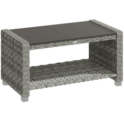 Outdoor Coffee Table with Storage Shelf, PE Rattan Side Table with Slatted Top and Foot Pads, Grey