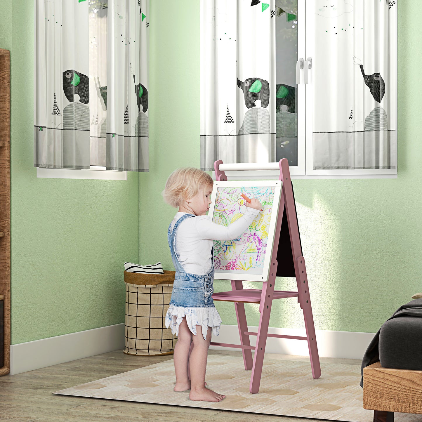 Three-In-One Easel for Kids, with Paper Roll, Adjustable Height - Pink