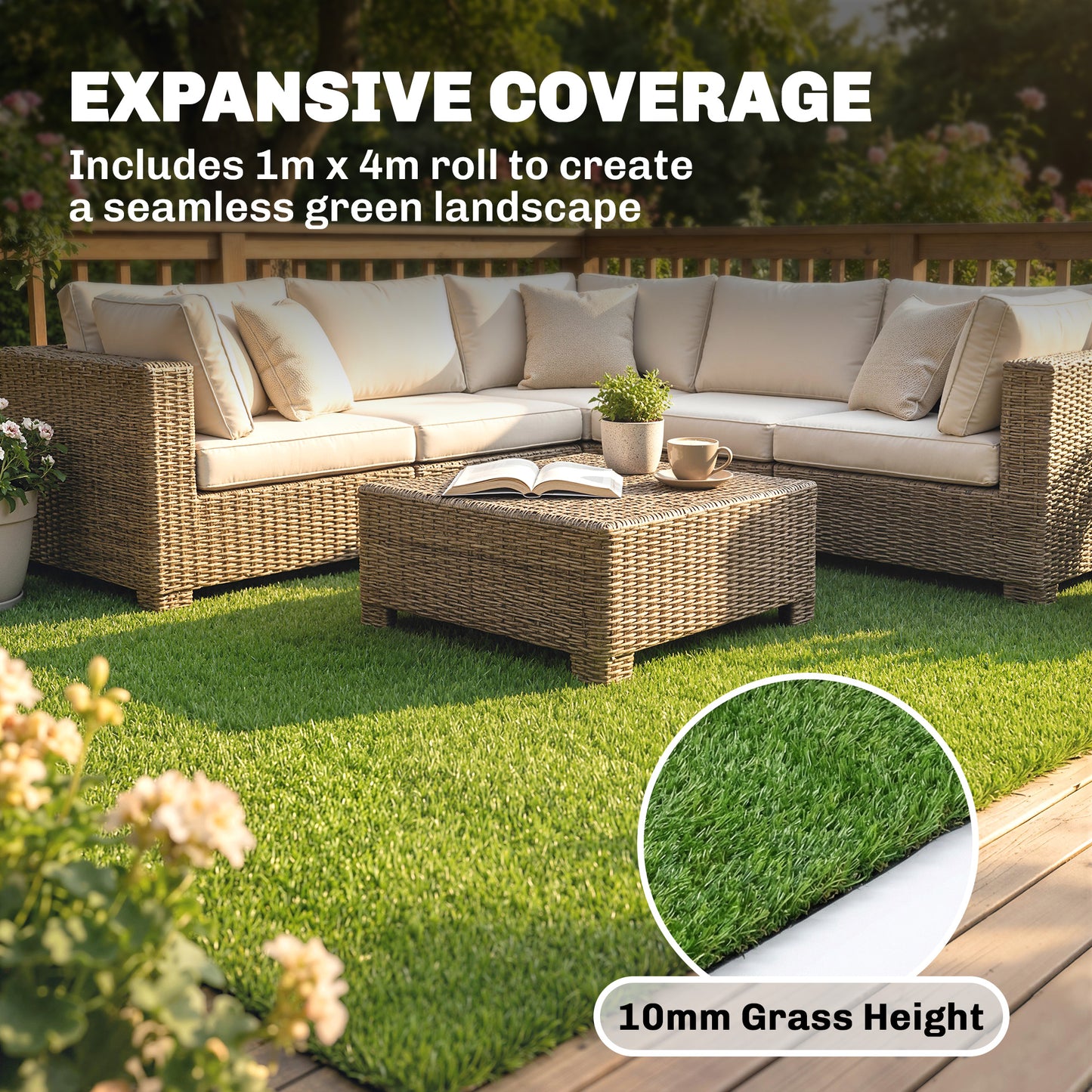Artificial Grass Turf Low Maintenance Realistic Lawn Pet Turf with Drain Holes for Garden 1m x 4m Green