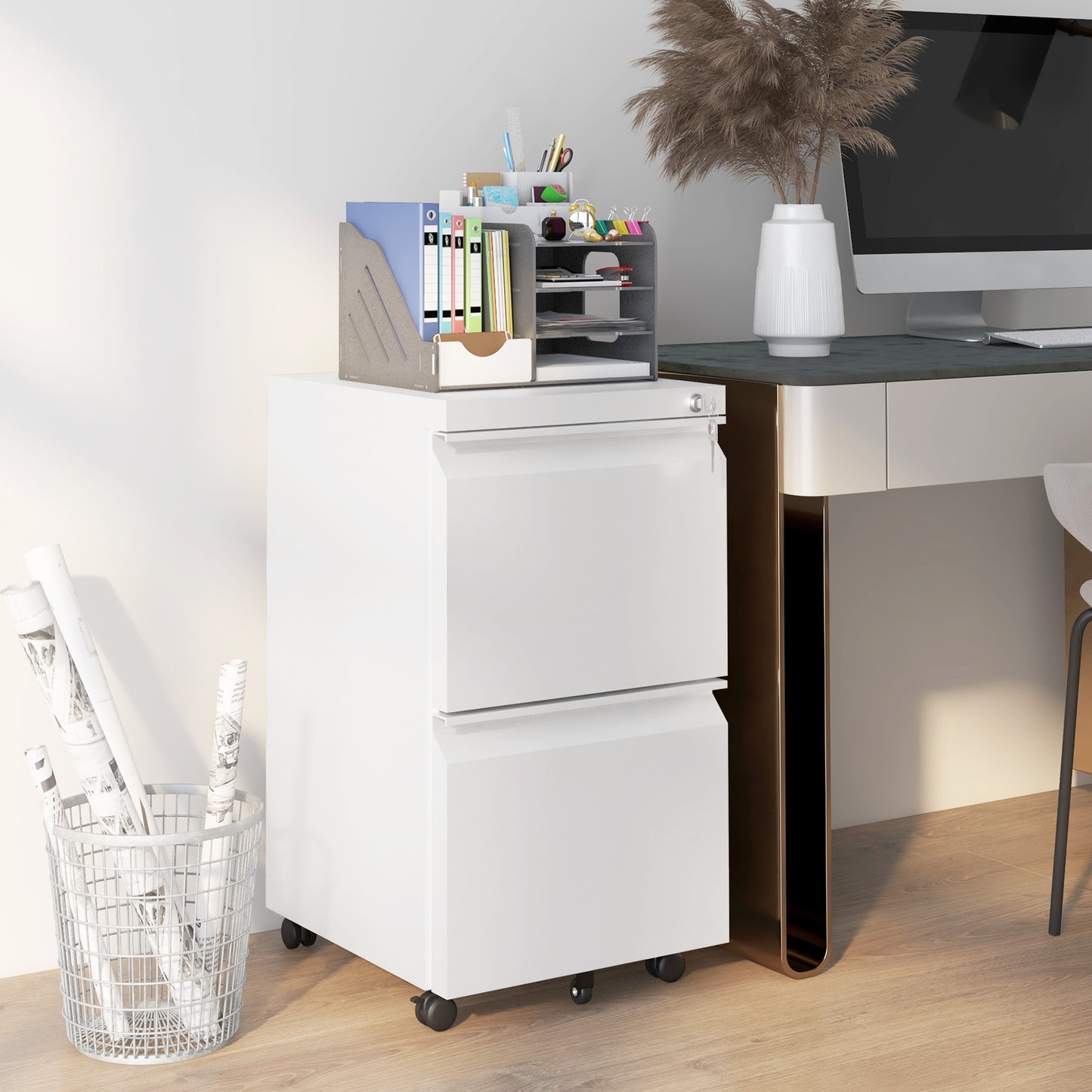 2-Drawer Filing Cabinet w/ Adjustable Hanging Bar Lockable File Cabinet White