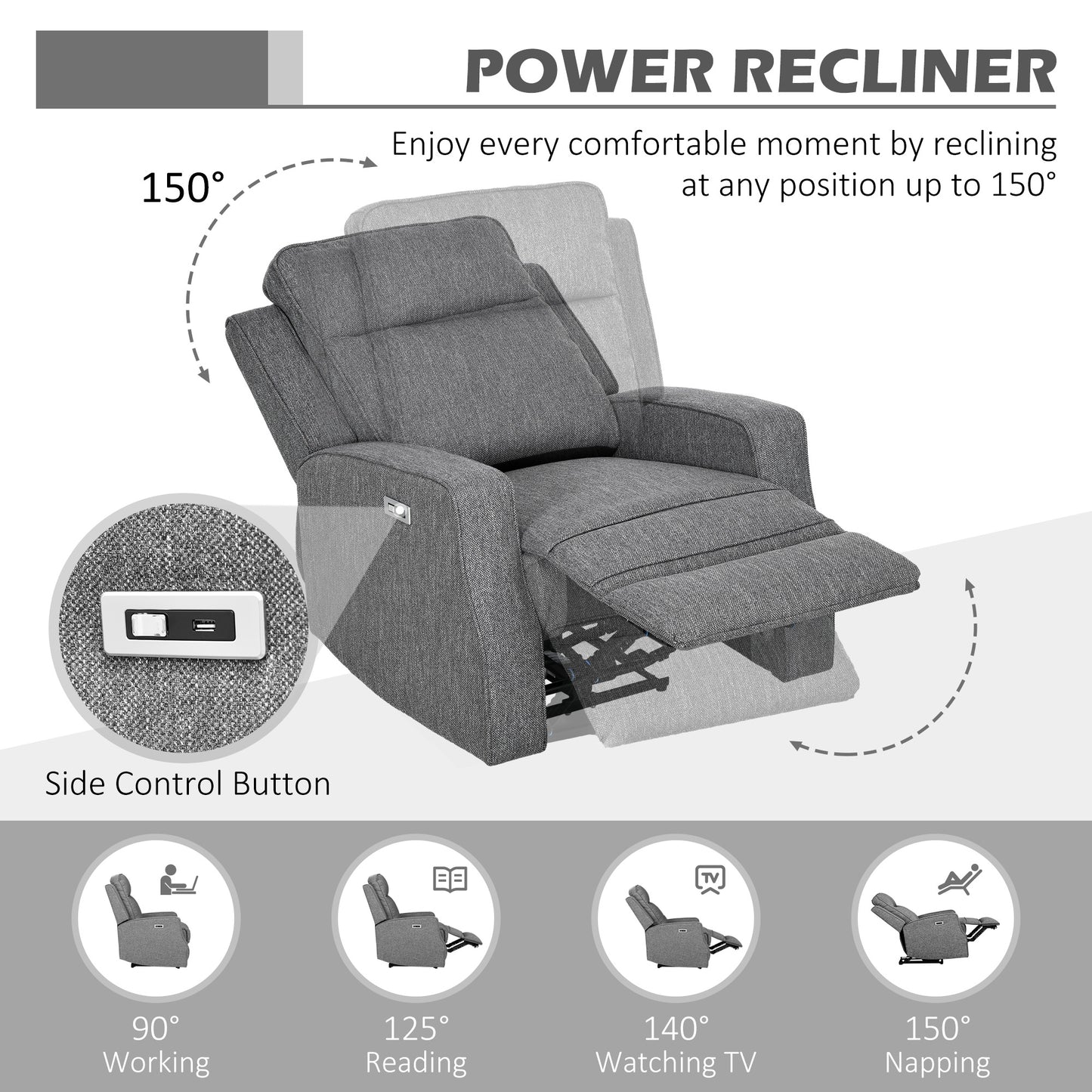 150° Electric Reclining Chair, with USB port and Footrest - Charcoal Grey