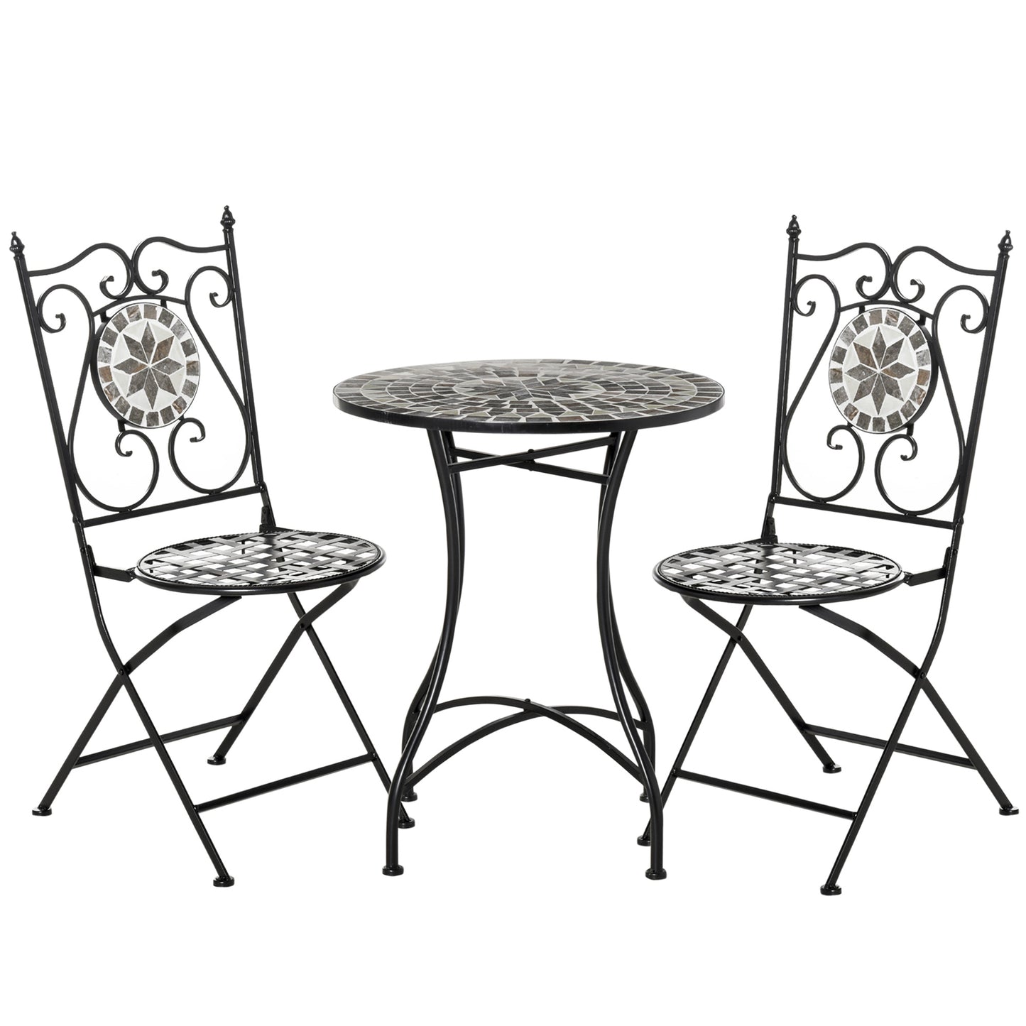 3 Pcs Mosaic Tile Garden Bistro Set Outdoor Seating w/ Table 2 Folding Chairs Set Metal Frame Elegant Scrolling Indoor Patio