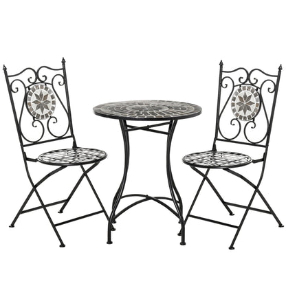 3 Pcs Mosaic Tile Garden Bistro Set Outdoor Seating w/ Table 2 Folding Chairs Set Metal Frame Elegant Scrolling Indoor Patio