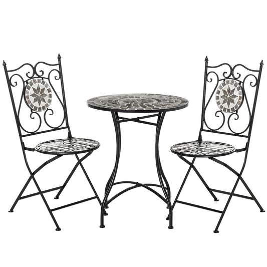 3 Pcs Mosaic Tile Garden Bistro Set Outdoor Seating w/ Table 2 Folding Chairs Set Metal Frame Elegant Scrolling Indoor Patio