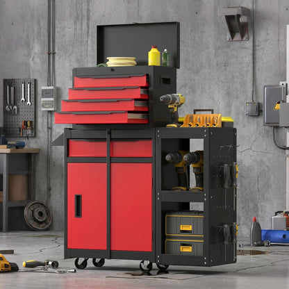 Tool Chest, Mobile Modular Tool Box with 5 Drawers, Side Rack, Pegboard, Lock, Tool Cabinet for Garage Workshop, Red