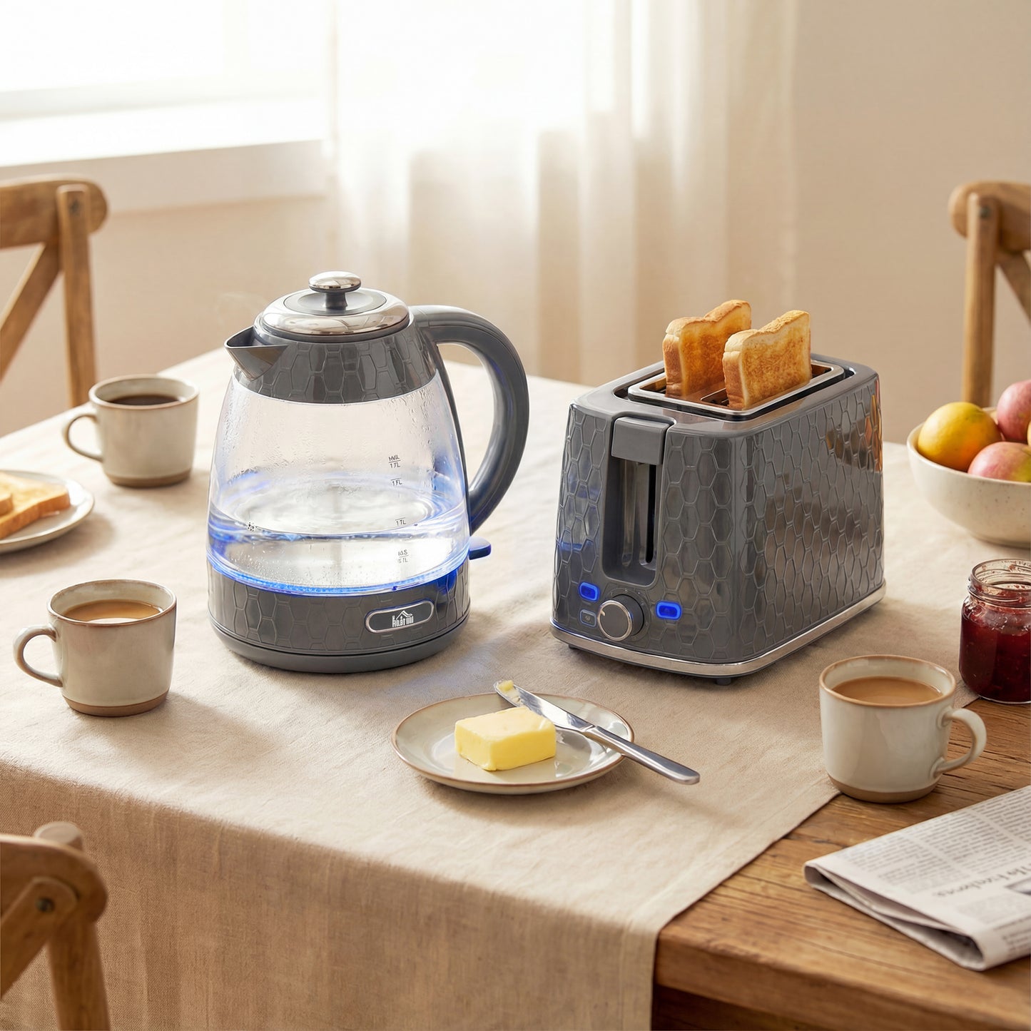Kettle and Toaster Set, 1.7L 3000W Rapid Kettle with Limescale Filter, 2 Slice Toaster with 7 Browning Controls, Grey