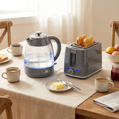 Kettle and Toaster Set, 1.7L 3000W Rapid Kettle with Limescale Filter, 2 Slice Toaster with 7 Browning Controls, Grey