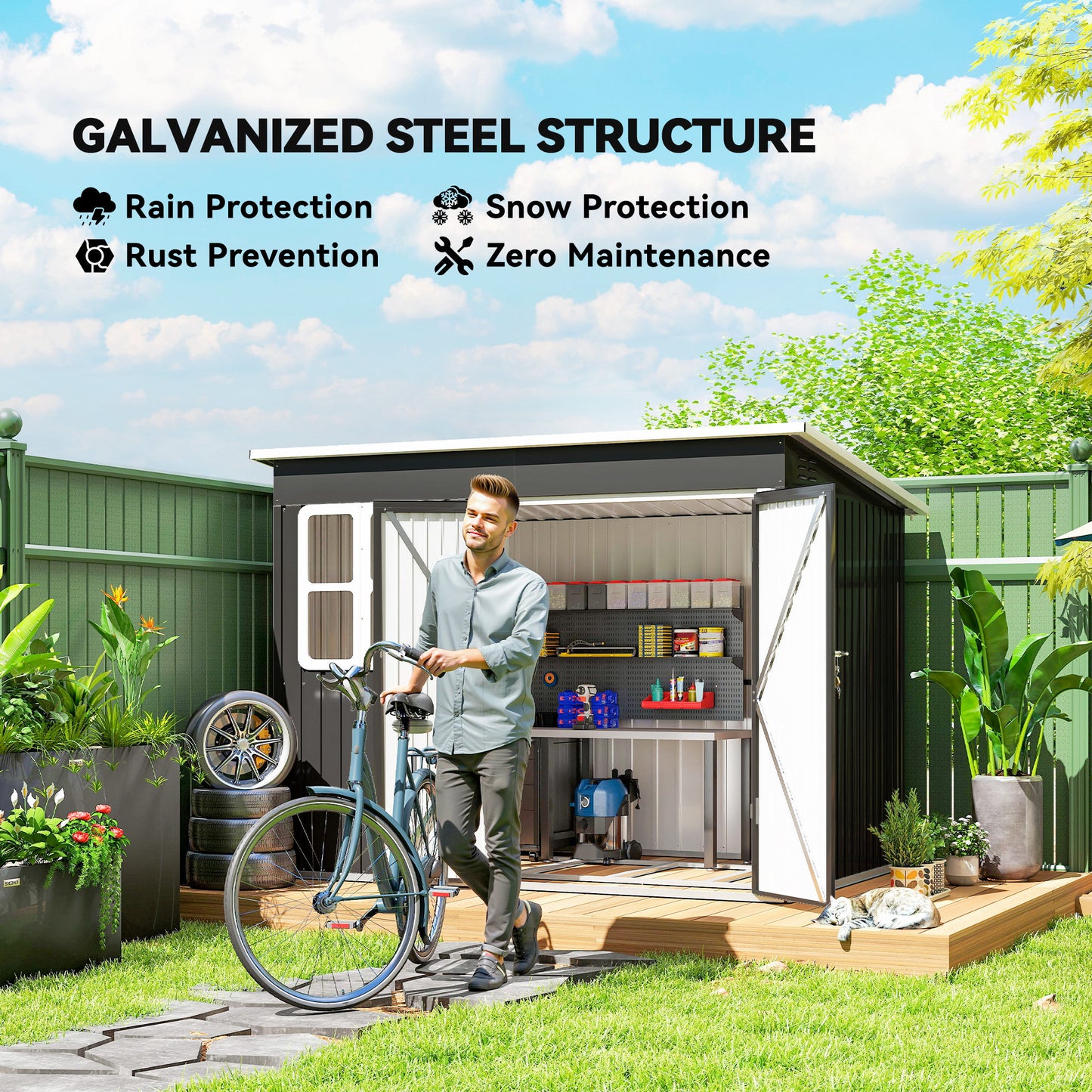 8.5 x 6ft Storage Shed Galvanised Steel Garden Shed, Metal Shed with Foundation Kit, Window