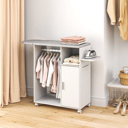 Rolling Ironing Board Cabinet, Foldable Ironing Station with Storage, Wheels for Home, Laundry Room, White