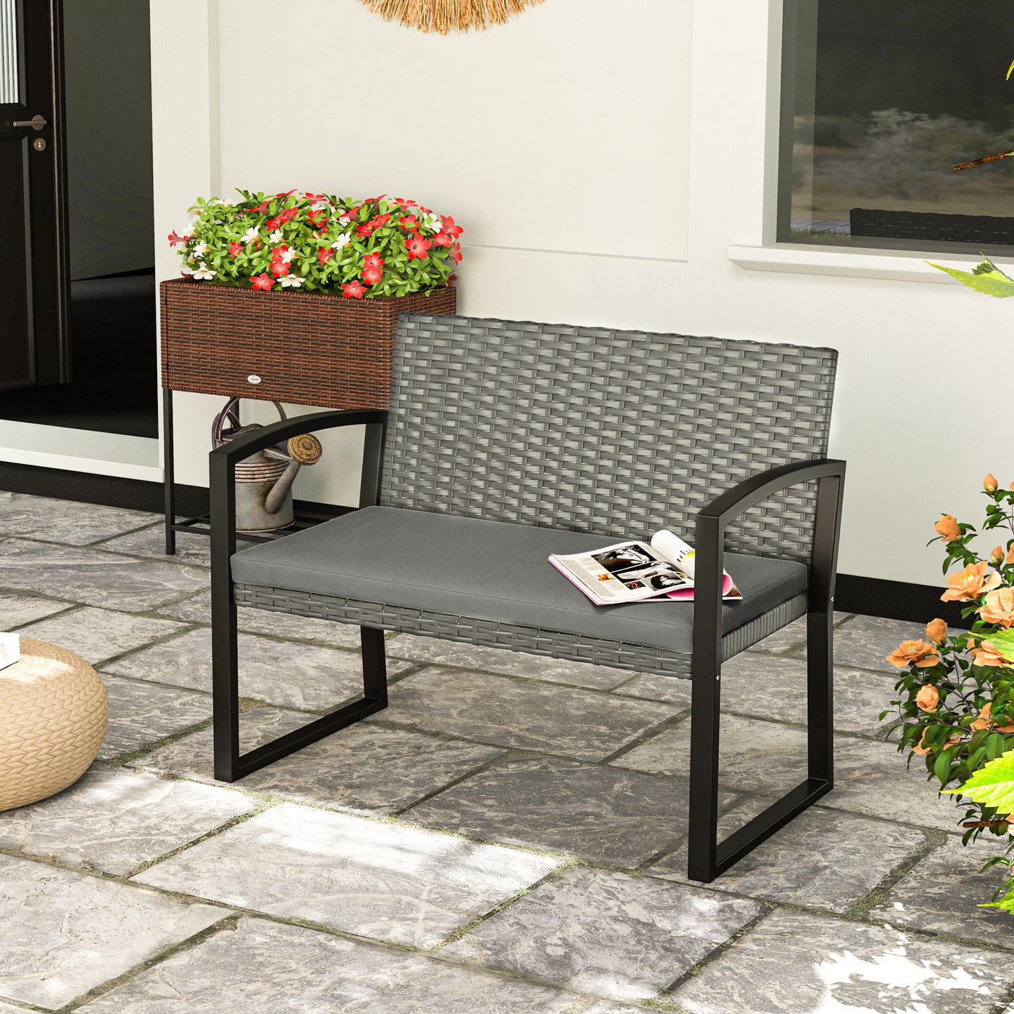 Two-Seater Rattan Garden Bench - Light Grey