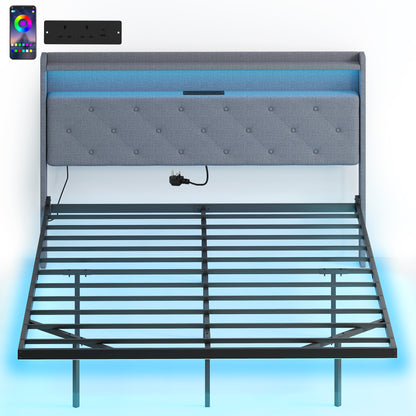 Floating Bed Frame, Upholstered 5ft King Size Bed, Platform Bed with RGB LED Lights and Charging Station, Grey