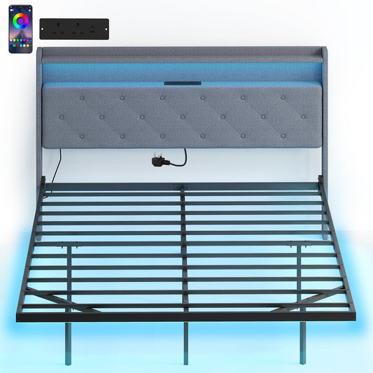 Floating Bed Frame, Upholstered 5ft King Size Bed, Platform Bed with RGB LED Lights and Charging Station, Grey