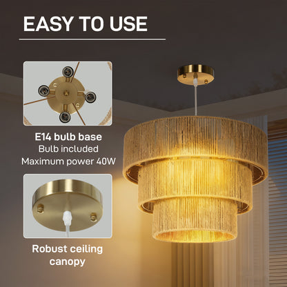 Hemp Rope Ceiling Light, 3-Layer Boho Pendant Light, 4 x E14 Vintage Ceiling Lamp Fixtures for Living Room, Bedroom, Kitchen