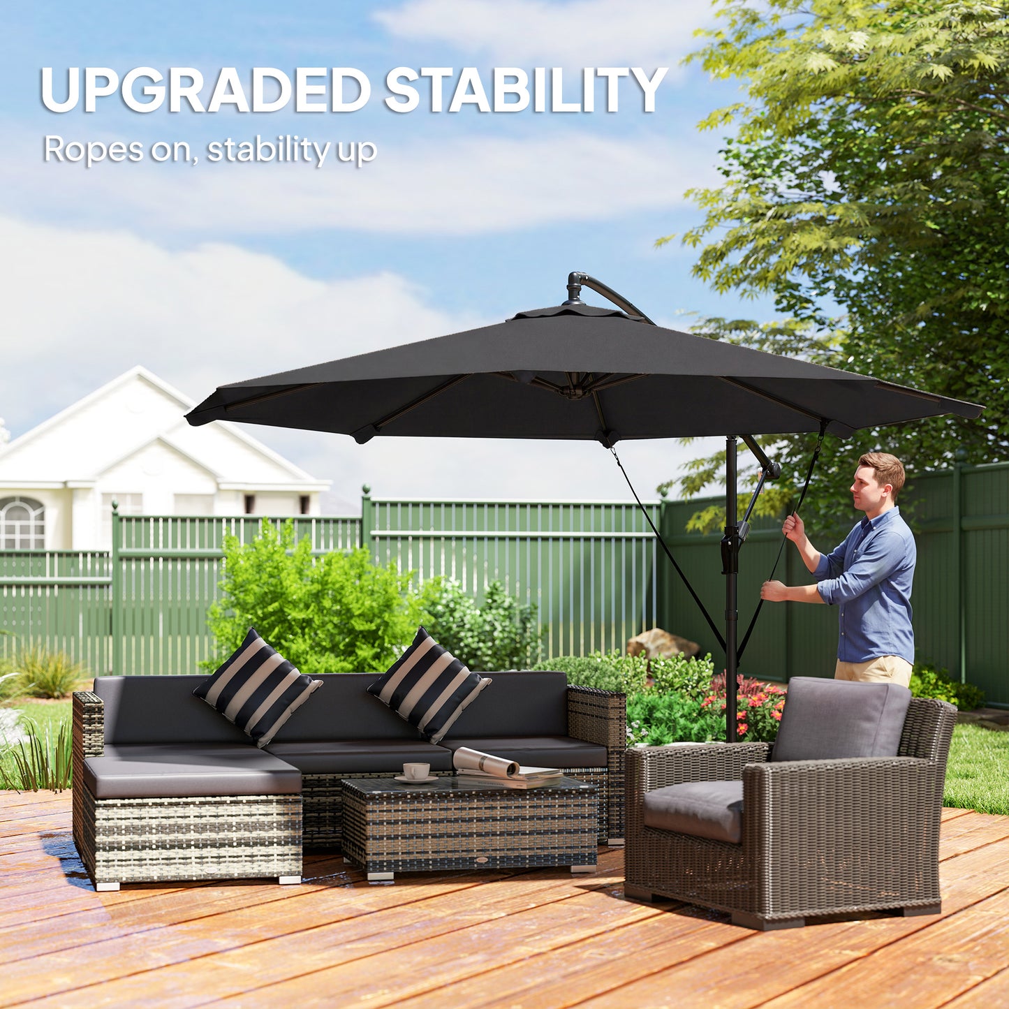 3 m Cantilever Parasol with Protective Cover and Wind Ropes, Banana Parasol with Crank Handle, Black