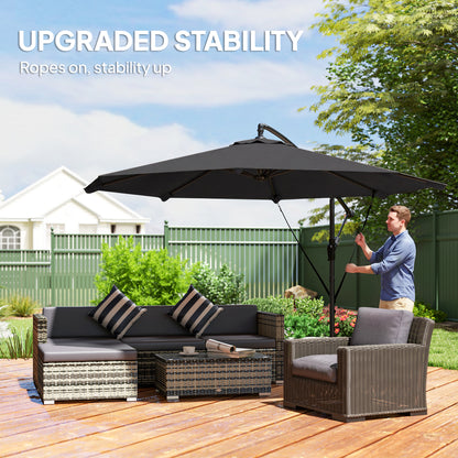 3 m Cantilever Parasol with Protective Cover and Wind Ropes, Banana Parasol with Crank Handle, Black