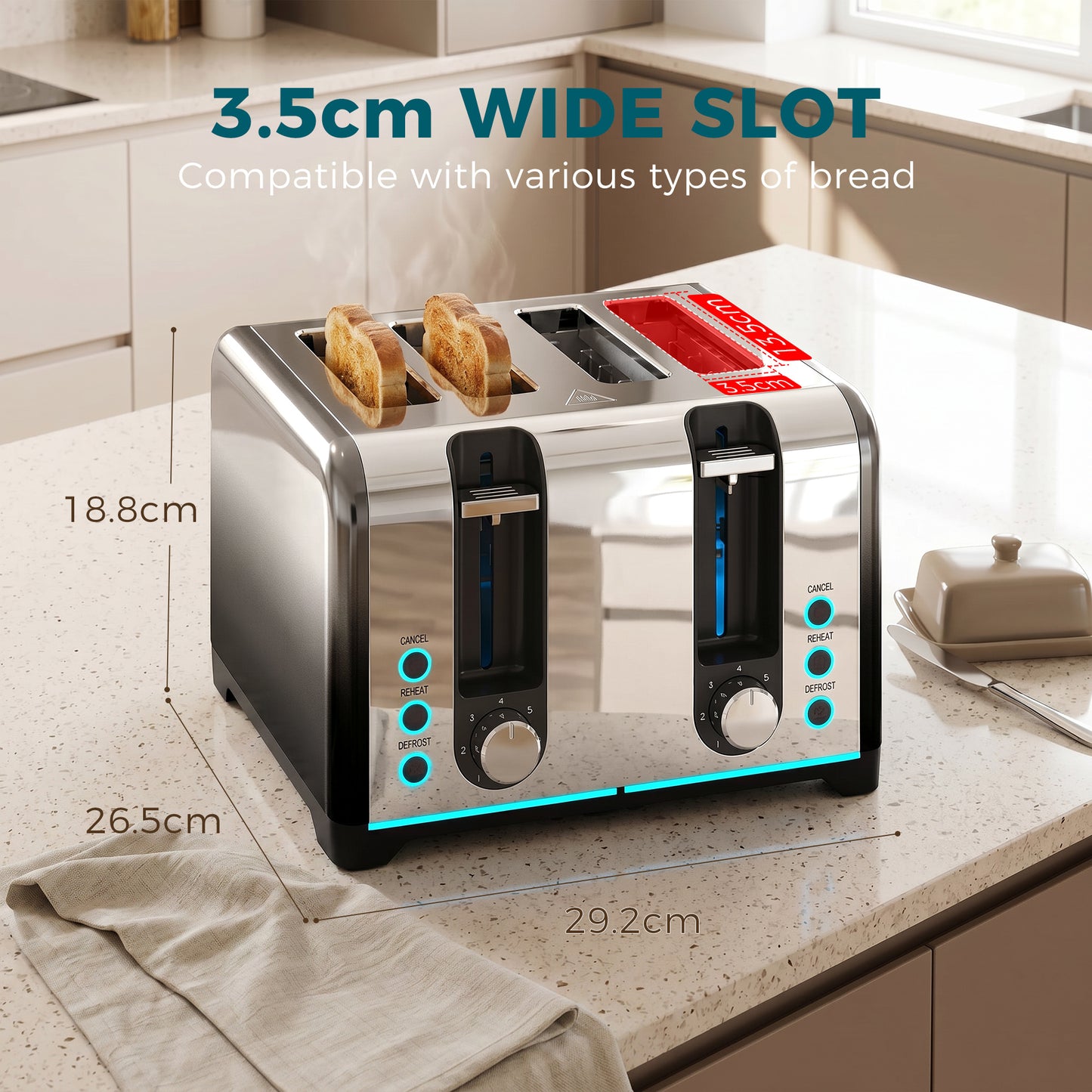 4 Slice Toaster with 7 Browning Levels, Reheat, Defrost and Cancel Functions