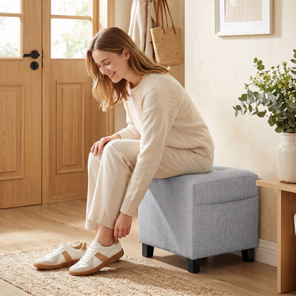 Square Footstool, Small Ottoman with Side Pocket, Linen Fabric Footrest Foot Stool with Rubber Wood Legs and Padded Seat for