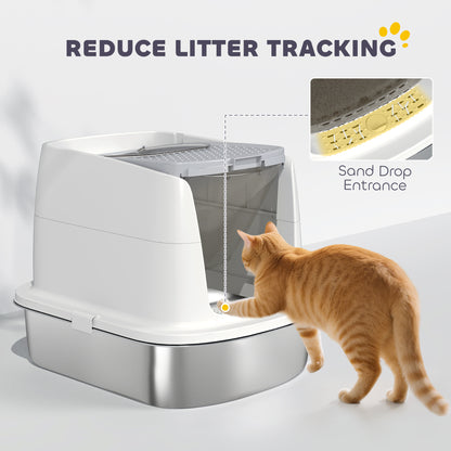 Large Stainless Steel Litter Box, Enclosed Metal Cat Litter Tray with Scoop, Deodoriser Bag, Front-Entry and Top-Exit