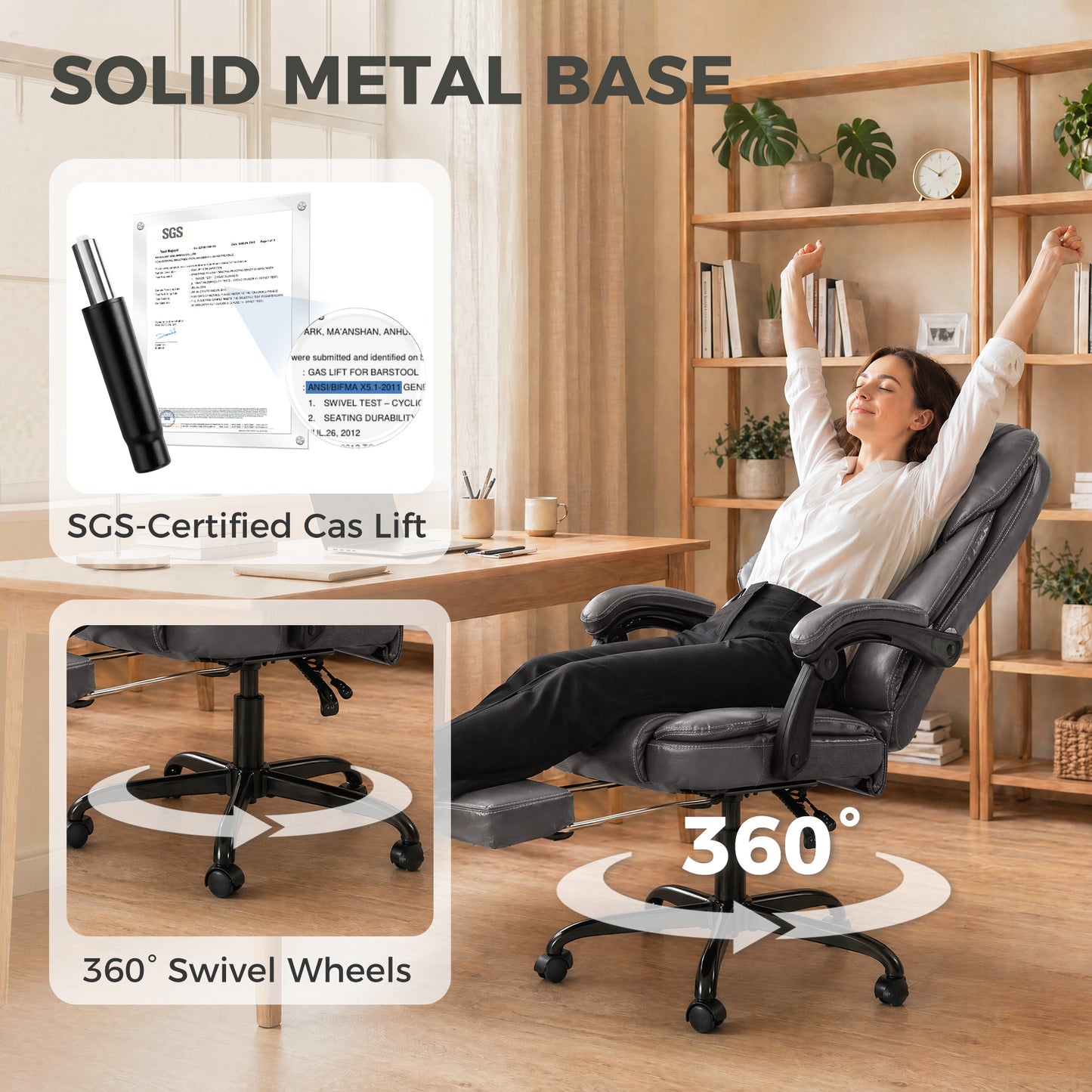 Executive Home Office Chair Reclining Function Footrest Computer Desk Chair High Back, Grey