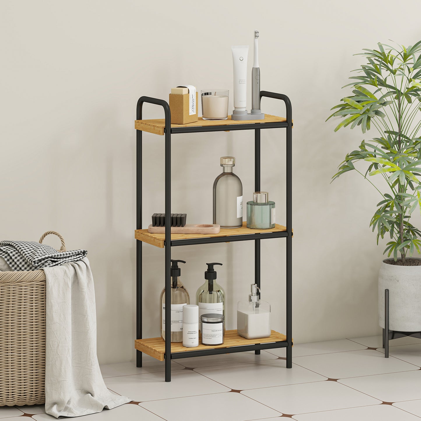 3-Tier Bamboo Bathroom Storage Shelf, Freestanding Narrow Shelving Unit with Slatted Shelves for Kitchen Bathroom Living Room