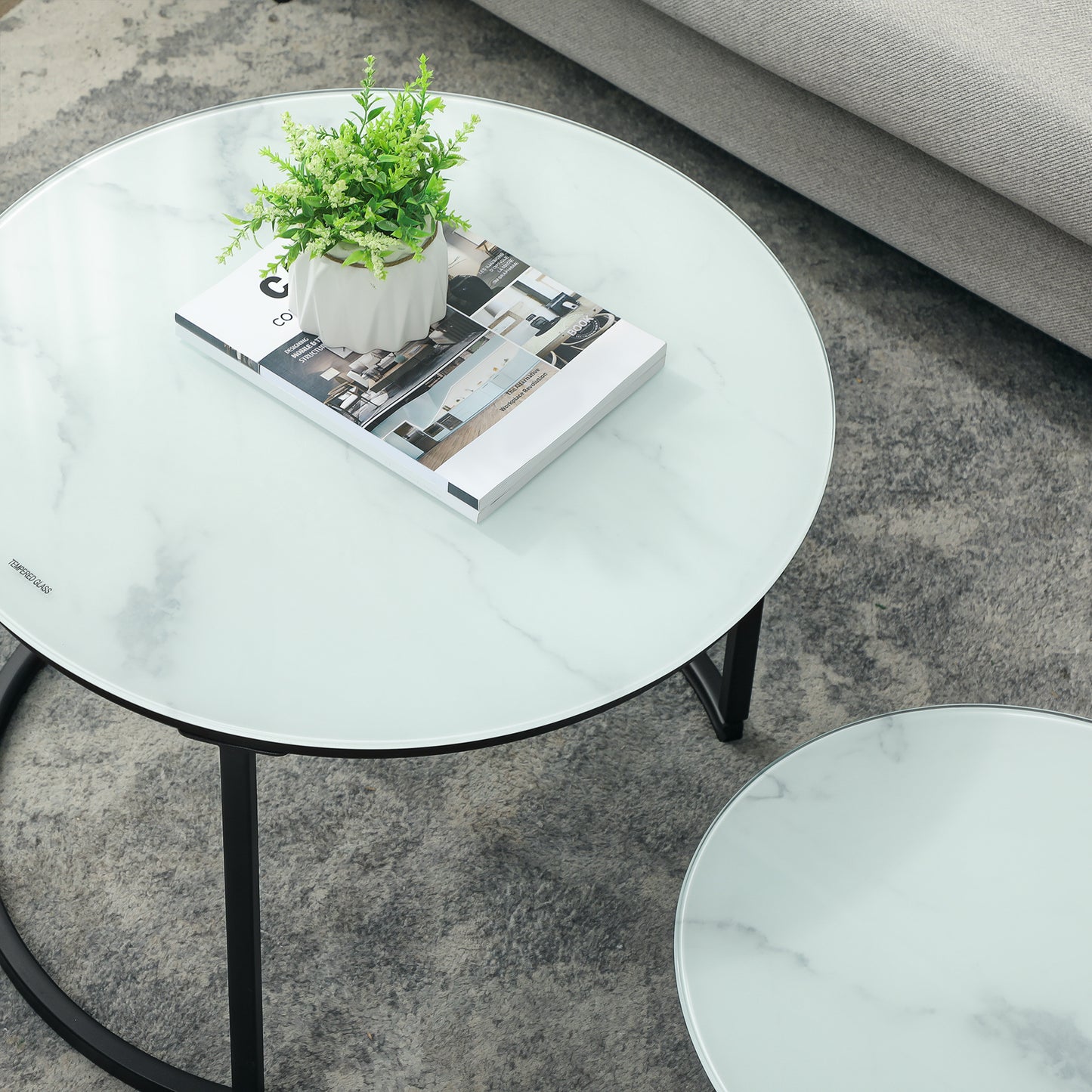 Glass Coffee Table Set of 2, Round Nest of Tables with Marble-Effect Tempered Glass Tabletop and Steel Frame