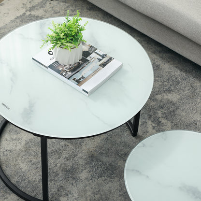 Glass Coffee Table Set of 2, Round Nest of Tables with Marble-Effect Tempered Glass Tabletop and Steel Frame