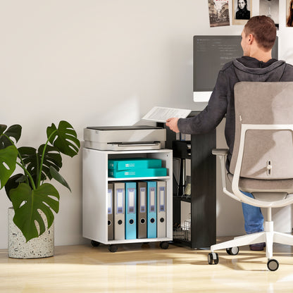 2-Tier Printer Stand with Storage, Under Desk Printer Cart on Wheels, White