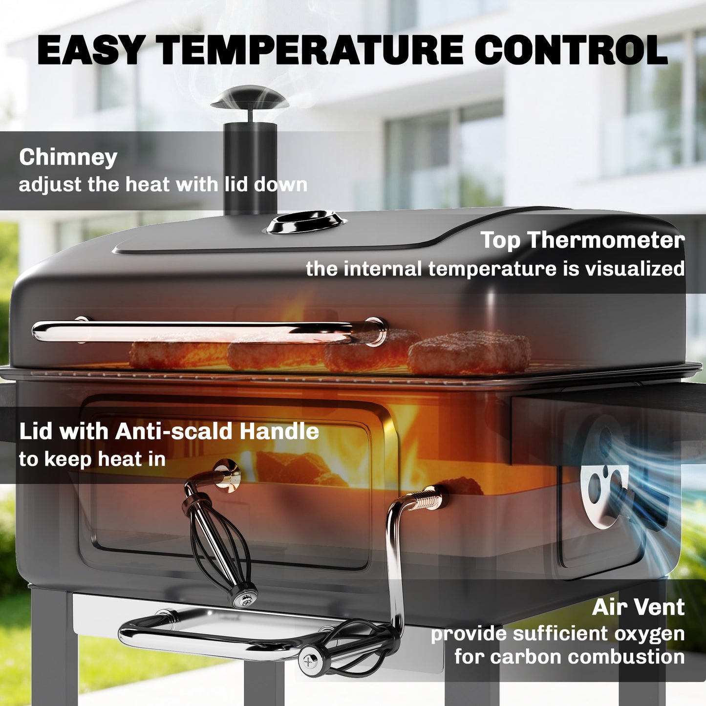 Charcoal BBQ Grill with Adjustable Charcoal Pan, Large Barbecue Grill Smoker with Side Tables, Temperature for Outdoor