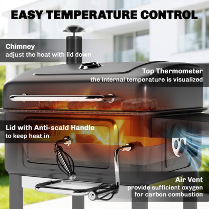 Charcoal BBQ Grill with Adjustable Charcoal Pan, Large Barbecue Grill Smoker with Side Tables, Temperature for Outdoor