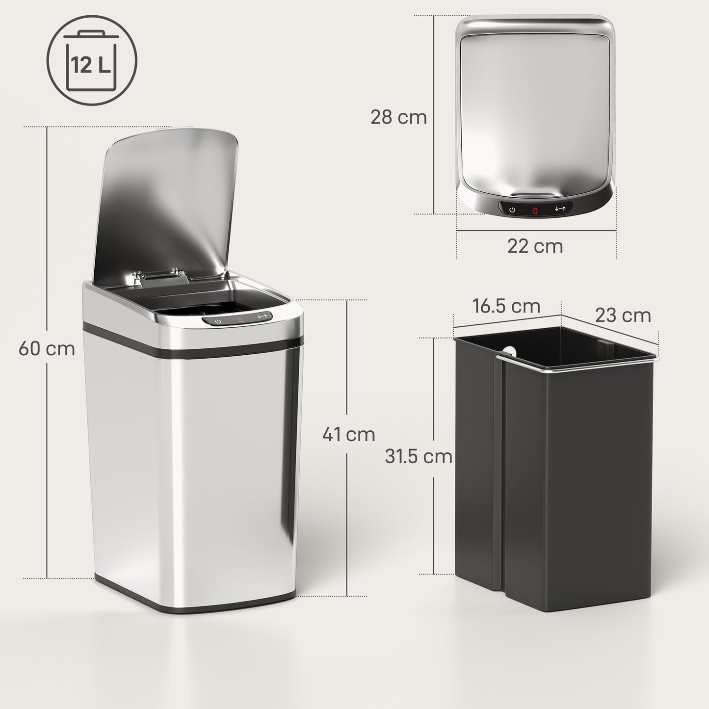 12L Sensor Bin, Automatic Touchless Motion Sensor Kitchen Bin with Fingerprint Resistant Stainless Steel, Silver