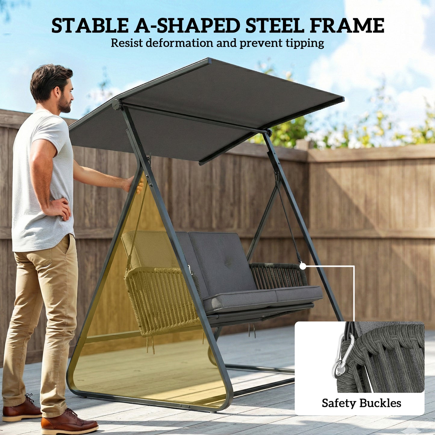 2-Seater Rattan Swing Chair, Outdoor Garden Hanging Swing Seat with Stand, Adjustable Canopy and Soft Cushions