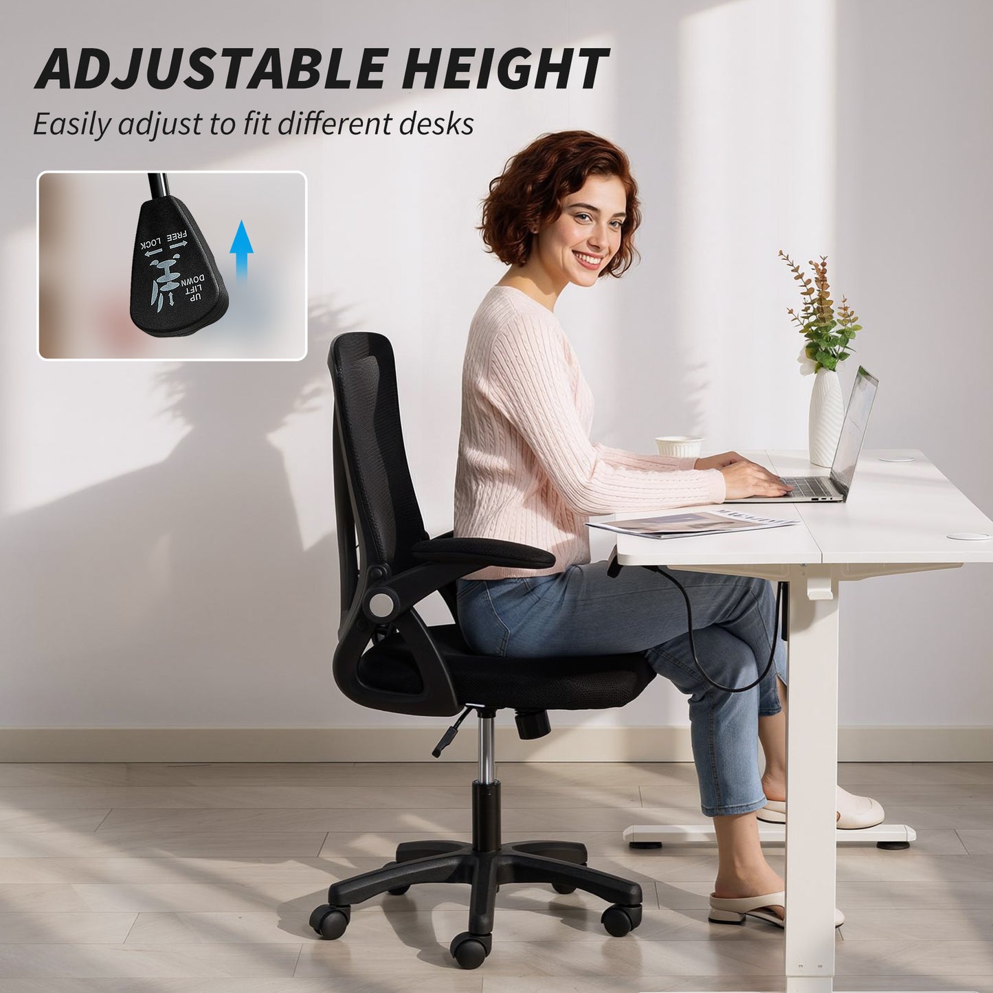 Office Chair, Mesh Desk Chair with Flip-up Armrests, Lumbar Support, Adjustable Height, Black