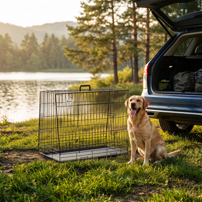 35"(90 cm) Car Dog Crate Medium Large Collapsible Slanted Travel Dog Cage with Tray for Car Boot