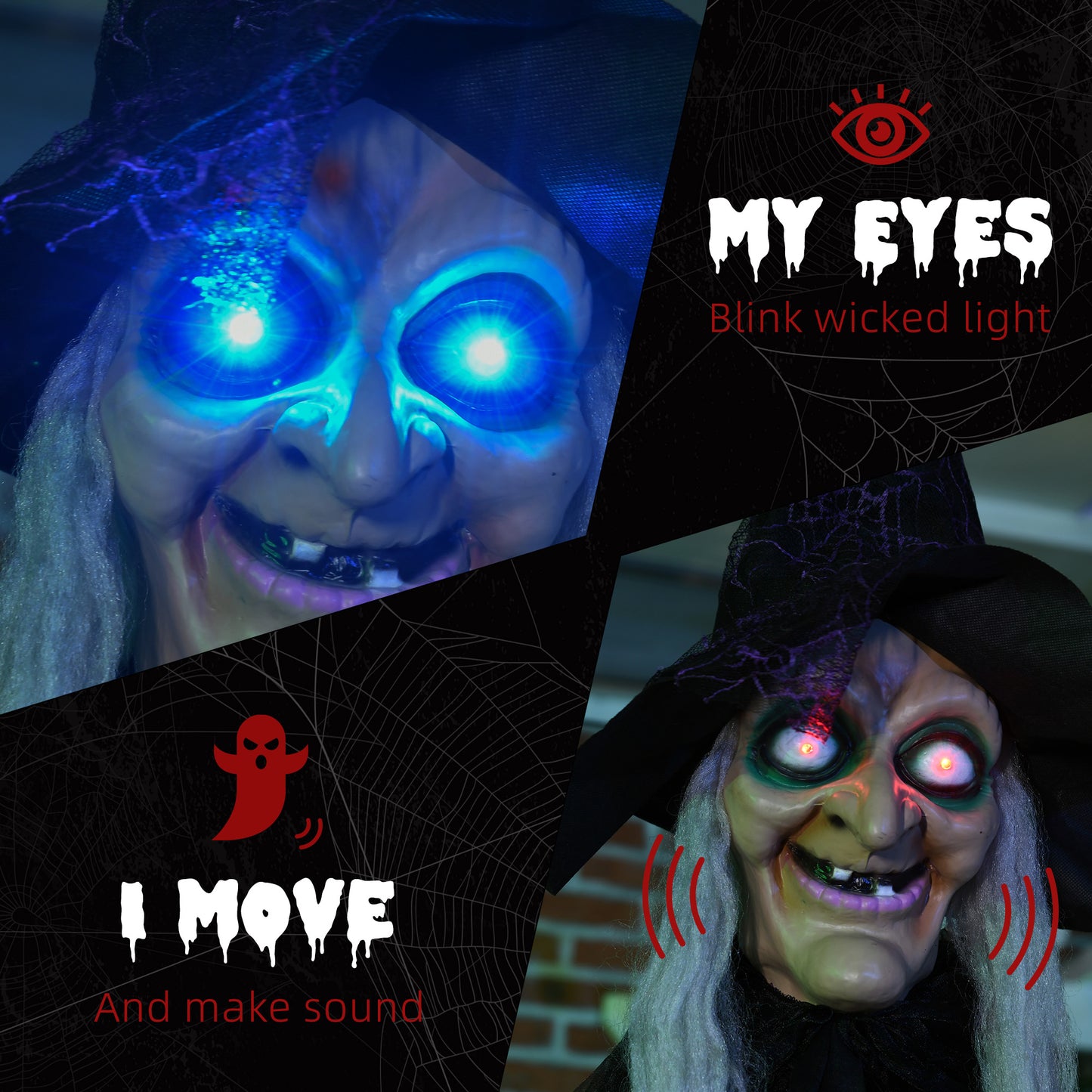 6ft Outdoor Halloween Decoration Witch, Hanging Witch Prop Life Size with Sound and Motion Activated, Light Up Eyes