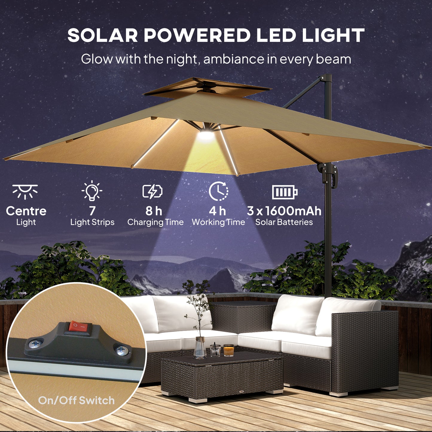 2.5m Cantilever Parasol with Solar Powered LED Lights, 360° Rotation, Tilt Adjustment, Crank Handle, Khaki