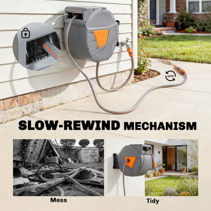 Retractable Hose Reel Wall Mounted, 40+2m Garden Hose Pipe Reel with Auto Retraction, Self-Locking, Orange