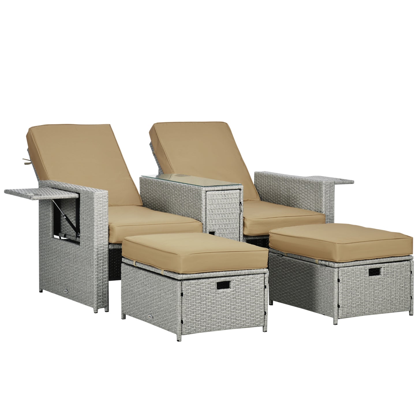 5PC PE Rattan Sun Lounger, Outdoor Wicker 5-level Adjustable Recliner Sofa Bed with Storage Side Table and Footstools