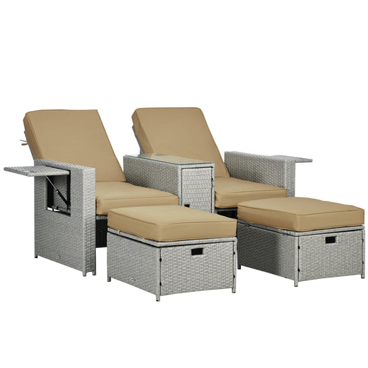 5PC PE Rattan Sun Lounger, Outdoor Wicker 5-level Adjustable Recliner Sofa Bed with Storage Side Table and Footstools