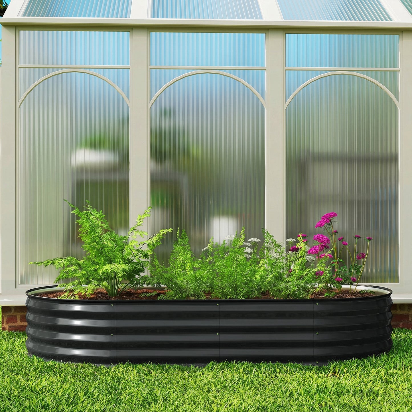 Galvanised Raised Garden Bed, Metal Planter Box with Safety Edging, for Flowers, Herbs, Succulents, Dark Grey