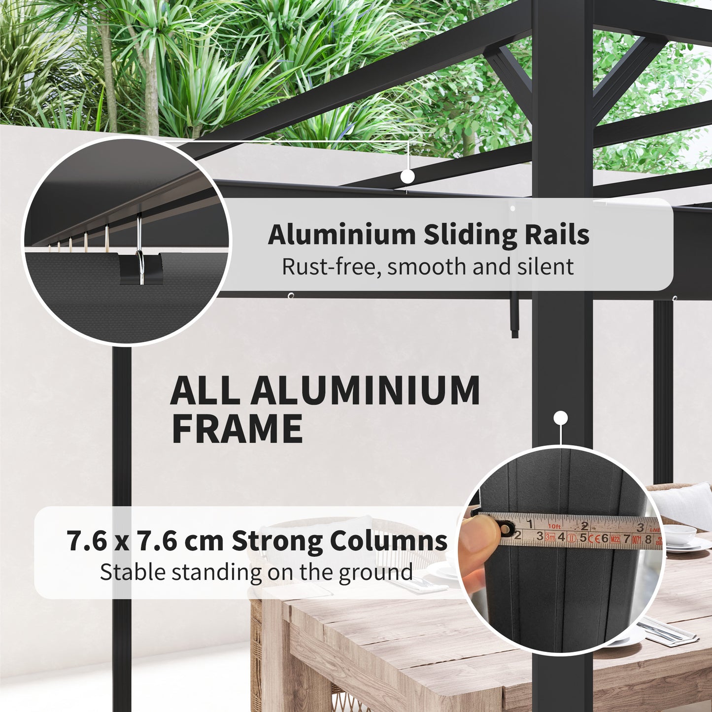 3 x 3m Aluminium Pergola, with Retractable Roof and Wall - Dark Grey