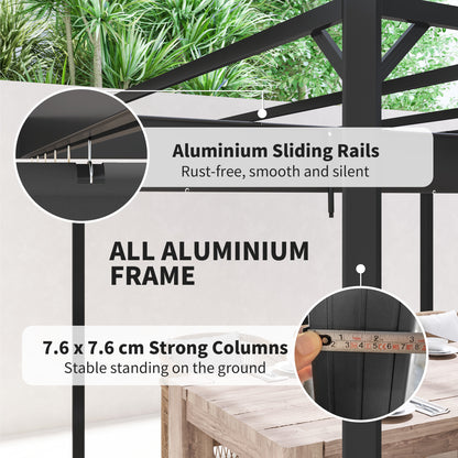 3 x 3m Aluminium Pergola, with Retractable Roof and Wall - Dark Grey