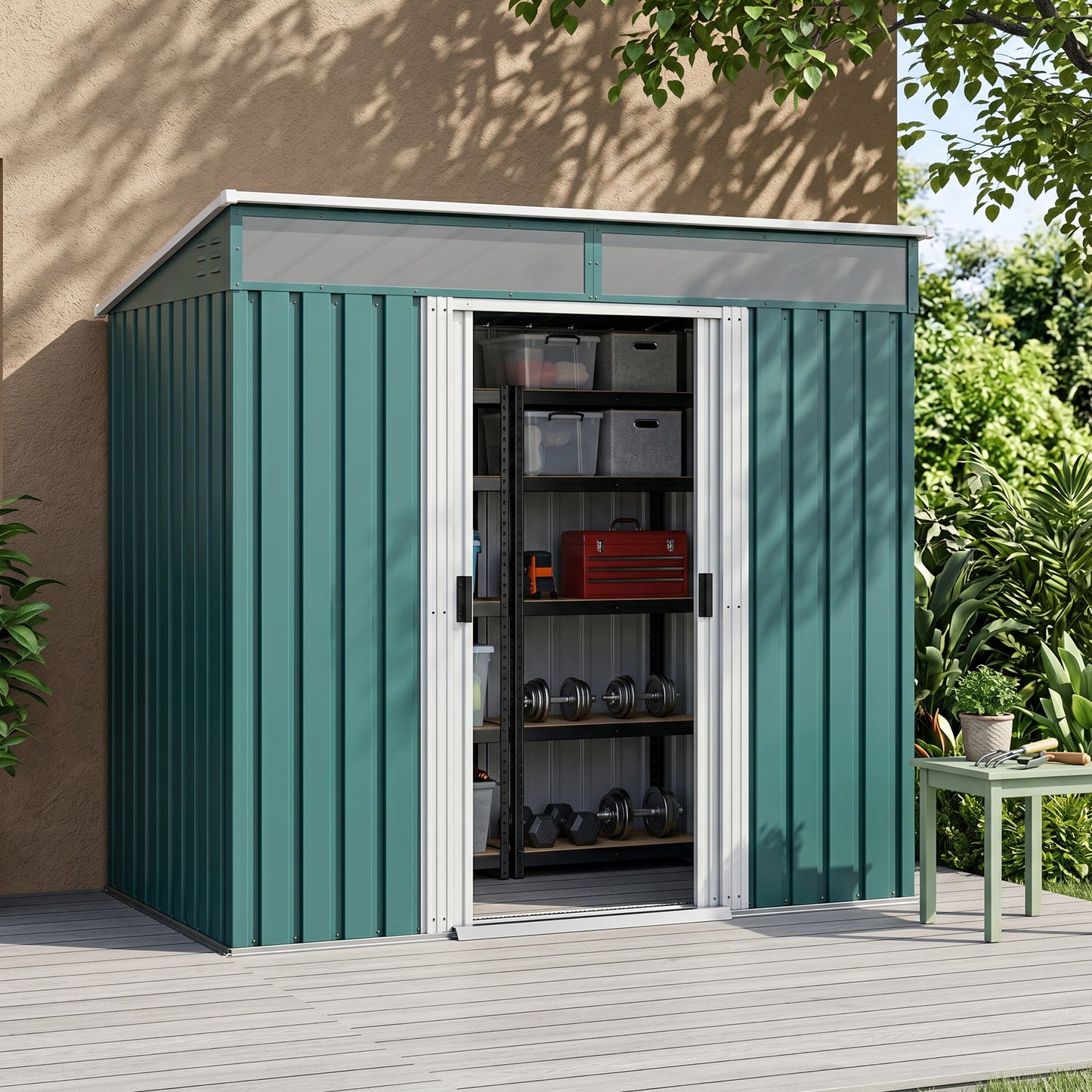 6.5 x 4FT Galvanised Metal Shed with Foundation Kit, Lockable Tool Garden Shed with Double Sliding Doors, Vents, Green