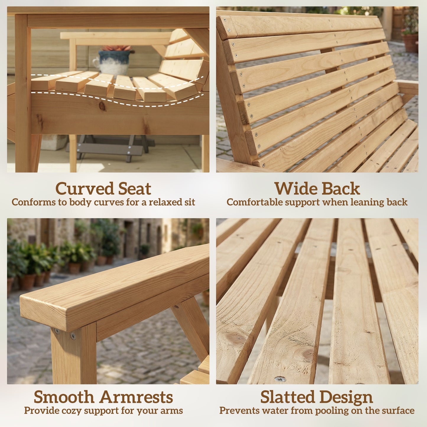 2 Seater Wooden Garden Bench, Slatted Patio Bench with Armrest and Backrest, Outdoor Furniture for Indoor, Balcony