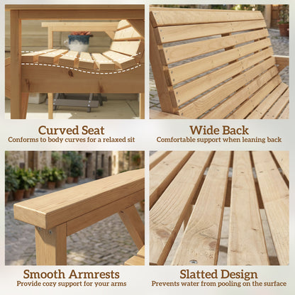 2 Seater Wooden Garden Bench, Slatted Patio Bench with Armrest and Backrest, Outdoor Furniture for Indoor, Balcony