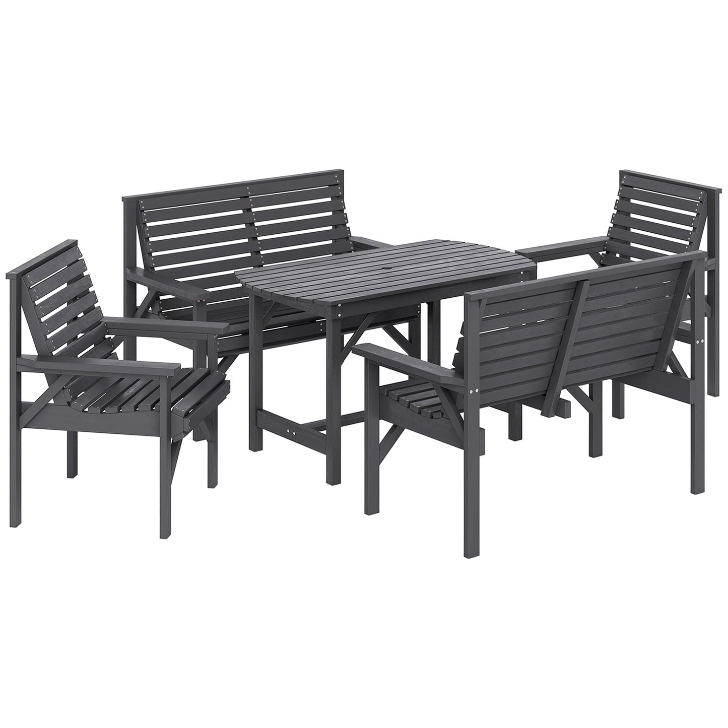 5 Piece Wooden Garden Dining Set for 6, Outdoor Conversation Set with 2 Armchairs, 2 Loveseats and Dining Table