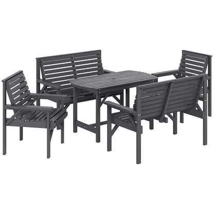 5 Piece Wooden Garden Dining Set for 6, Outdoor Conversation Set with 2 Armchairs, 2 Loveseats and Dining Table